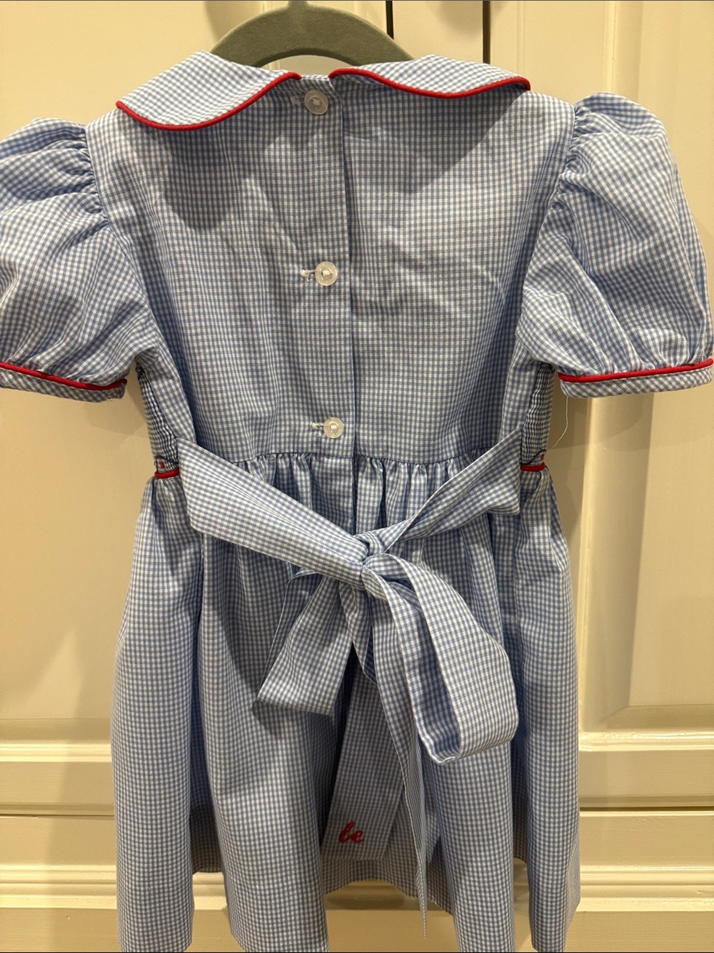 Little English Light Blue Gingham Dress with Smocked London Bus Detail - Picture 3 of 8